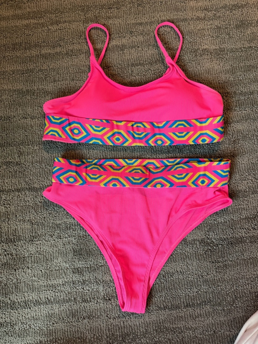 Neon Pink Two-Piece Bikini with Geometric Trim